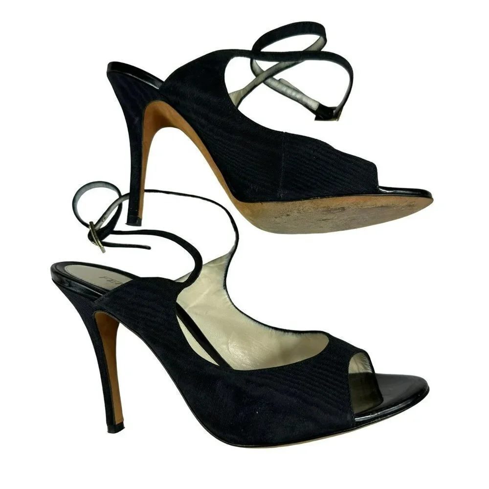 Fendi Designer Shoes Black Satin Open Toes Sandals 38.5 /‎ 7.5